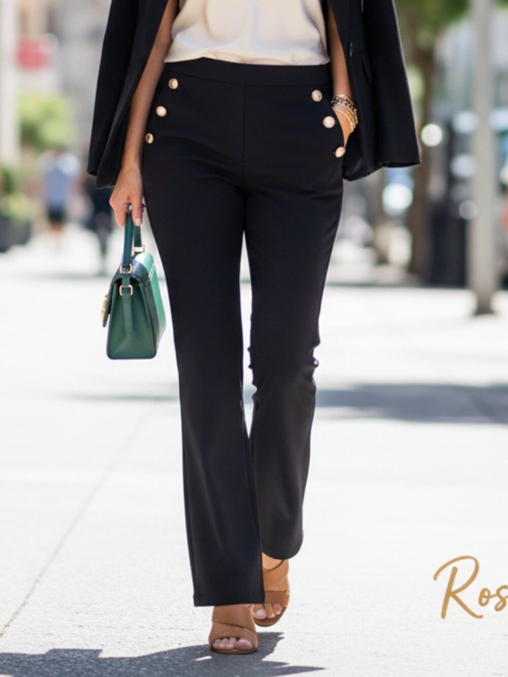 🌹 Rachel Zoe Black Sailor Button High-Waist Flare Trouser | Size 10 | Nautical